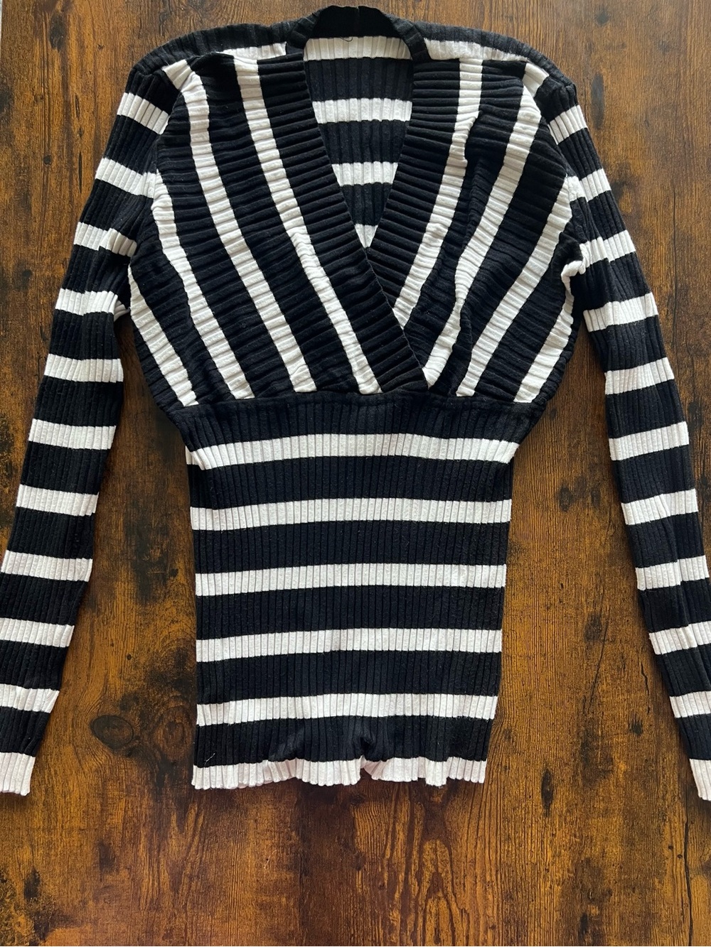 Black & White Striped V-Neck Ribbed Women's Sweater